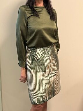 Preston & York Emerald Green and White Striped Lined Midi Skirt